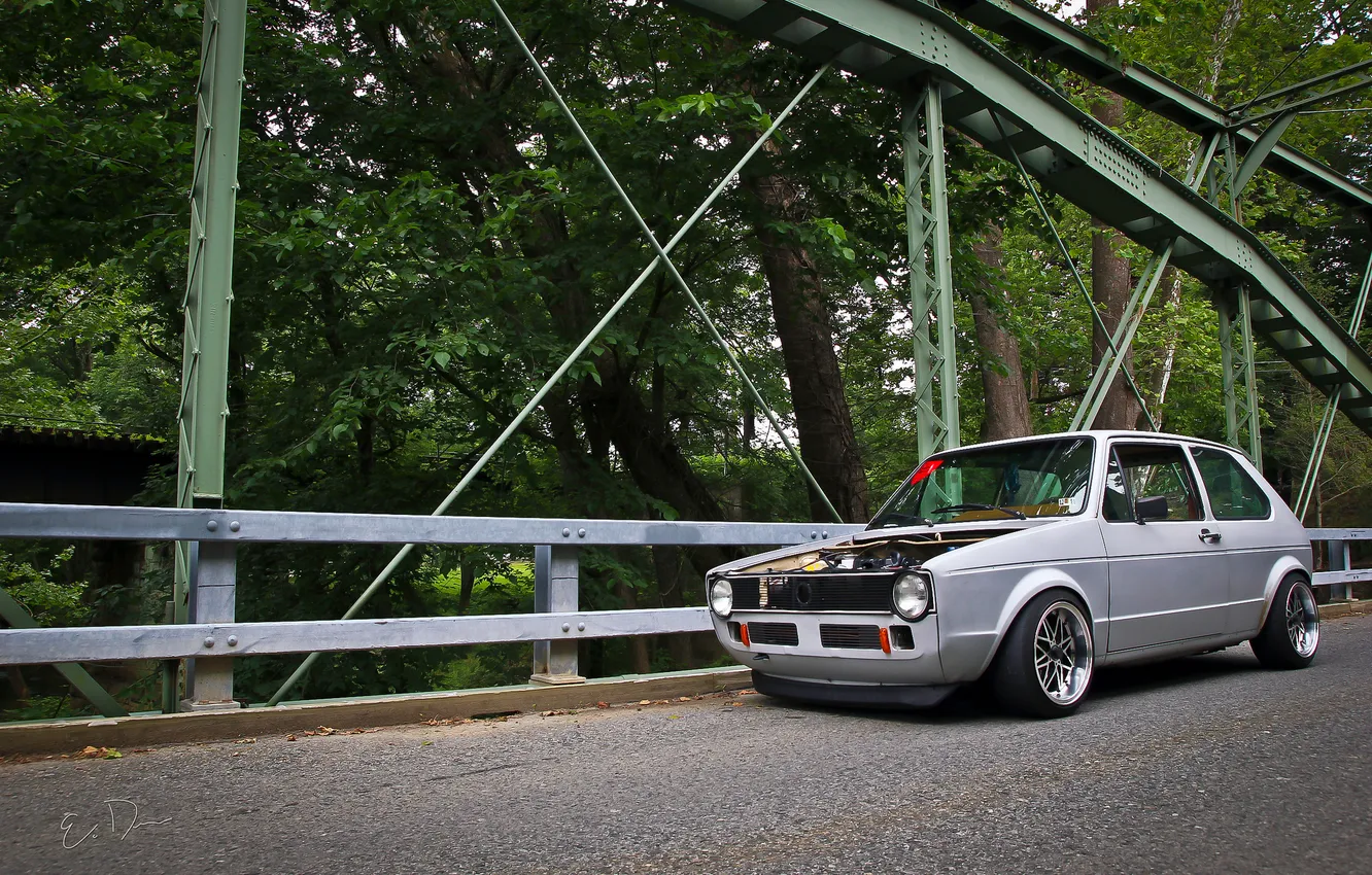 Photo wallpaper bridge, grey, green, Volkswagen, Golf, golf, GTI, Mk1