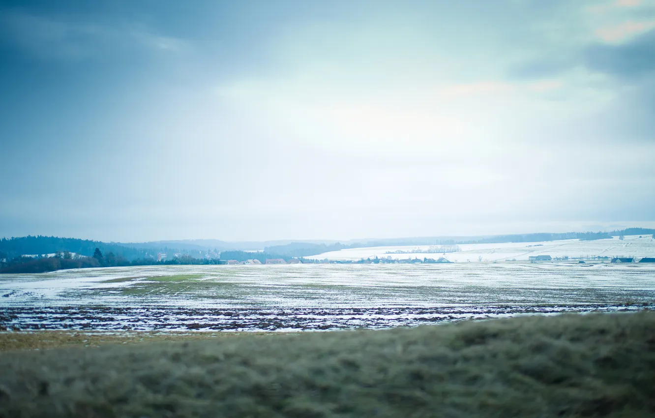 Photo wallpaper winter, field, the sky, grass, home, spring