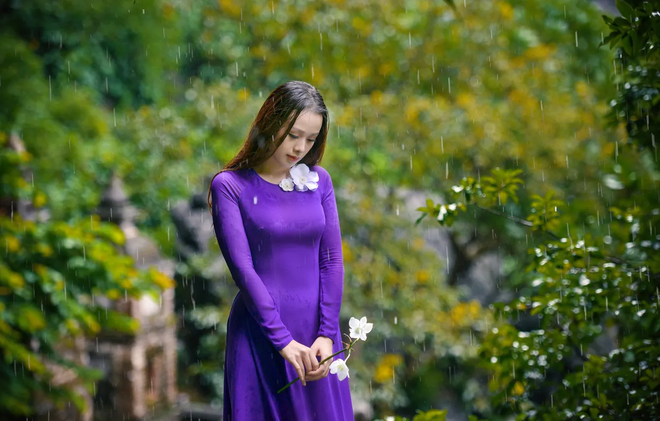 Photo wallpaper sadness, girl, flowers, rain, dress