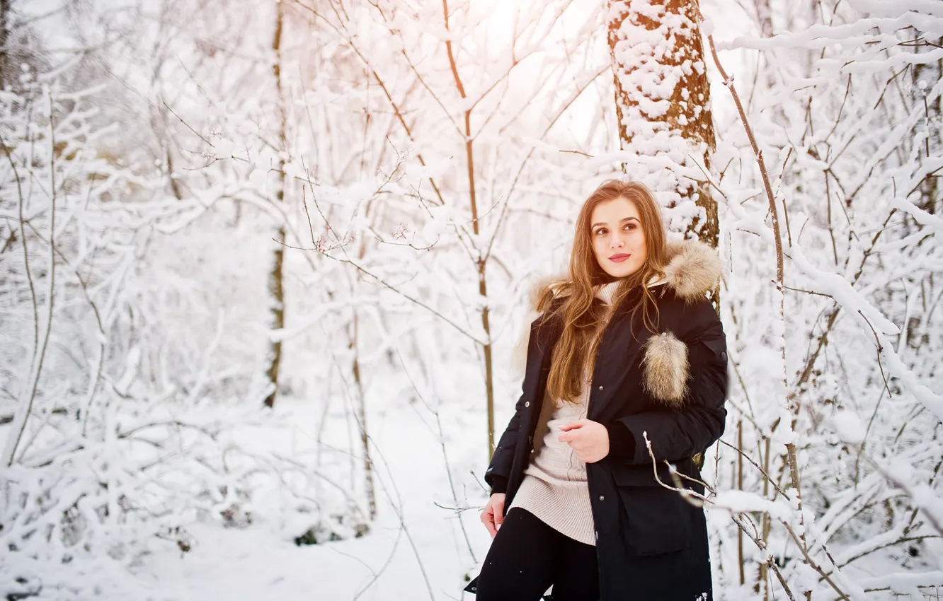 Photo wallpaper winter, forest, look, girl, snow, branches, face, pose