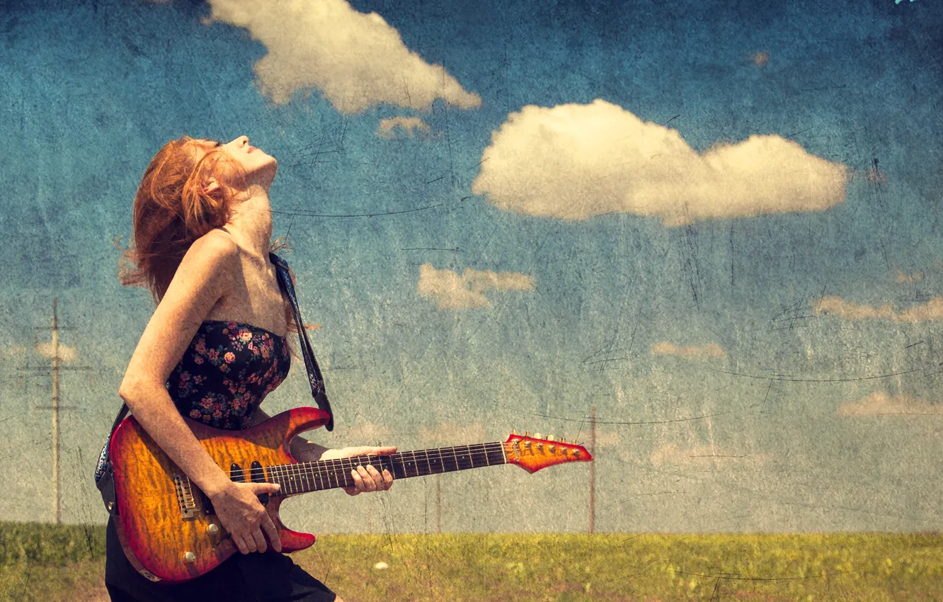 Photo wallpaper girl, guitar, fashion, dress, field, freedom, free, female