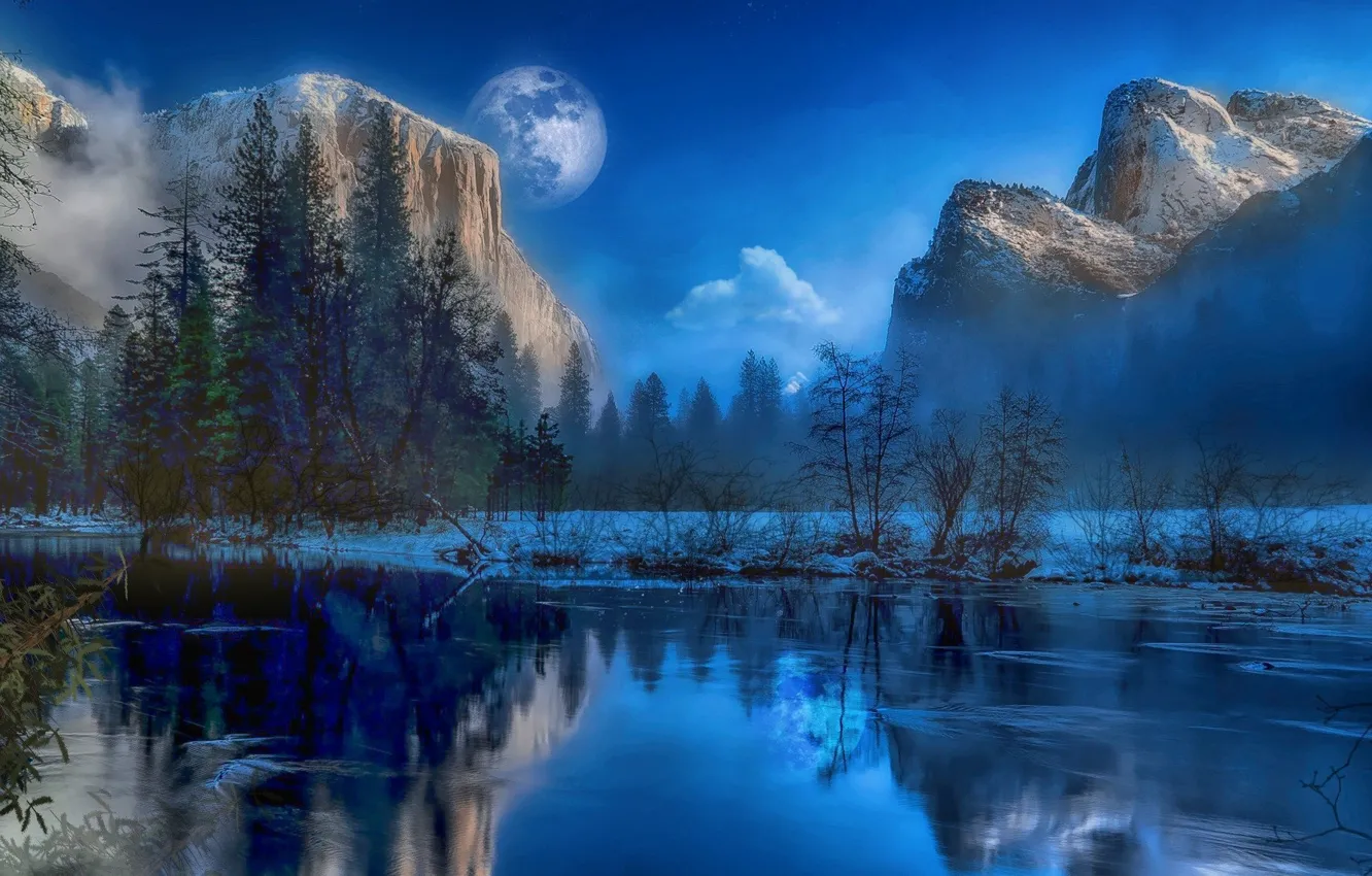 Photo wallpaper winter, mountains, lake, the moon, ice