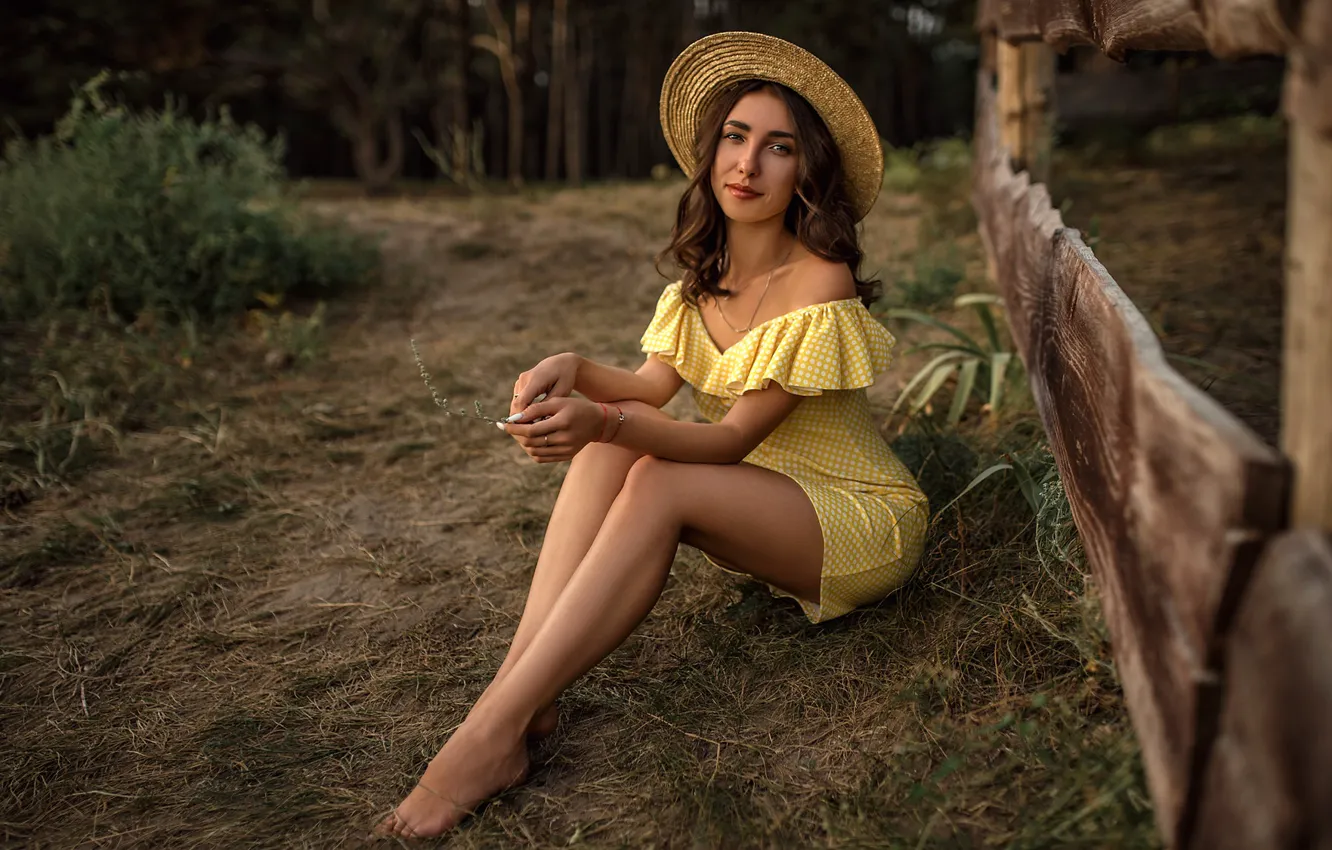 Photo wallpaper grass, look, trees, pose, model, the fence, portrait, hat