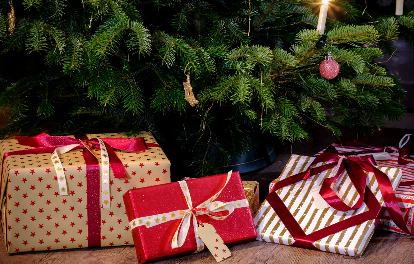 Photo wallpaper winter, holiday, Christmas, gifts, New year, tree, box, Christmas decorations