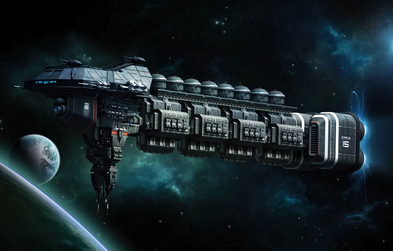 Photo wallpaper space, stars, nebula, fiction, transport, ship, planet, satellite