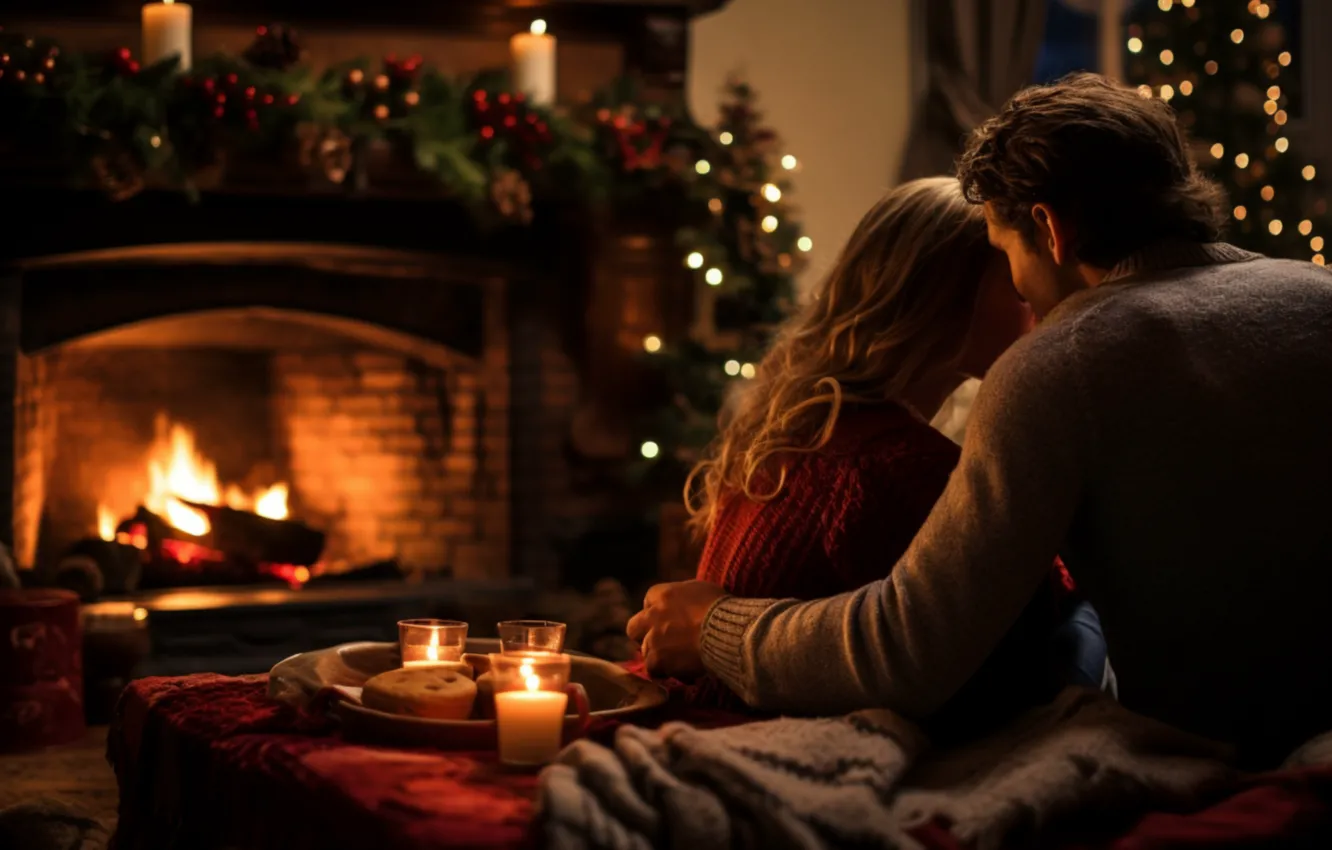 Photo wallpaper girl, love, night, lights, new year, interior, candles, hugs
