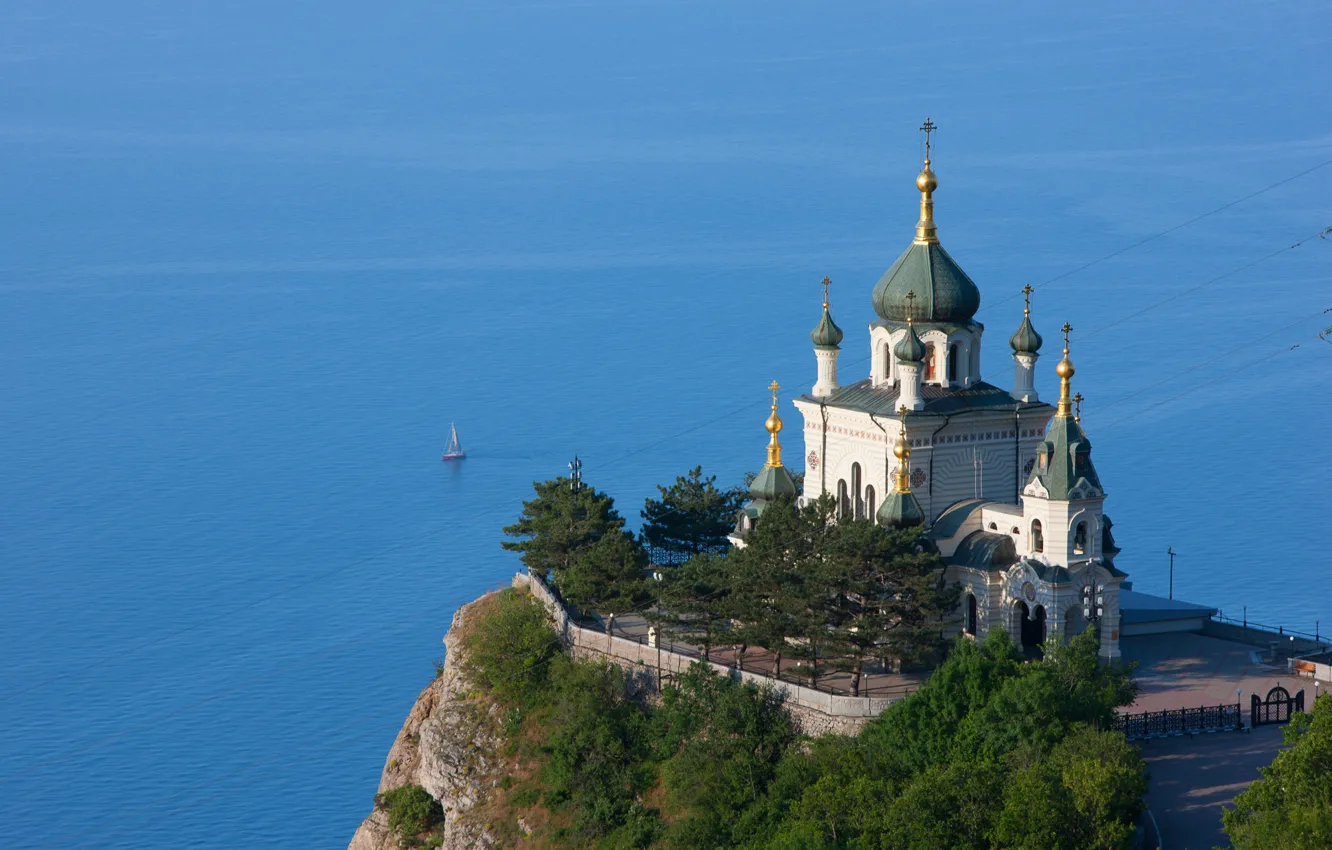 Photo wallpaper sea, landscape, nature, the village, Crimea, Yalta, Church Of The Resurrection, Sergey Titov