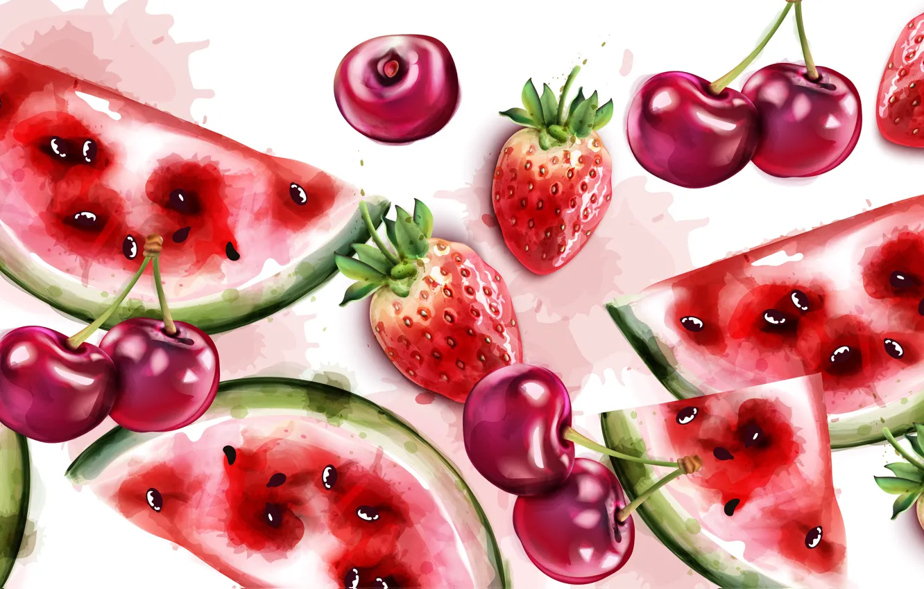 Photo wallpaper cherry, berries, texture, watermelon, strawberry