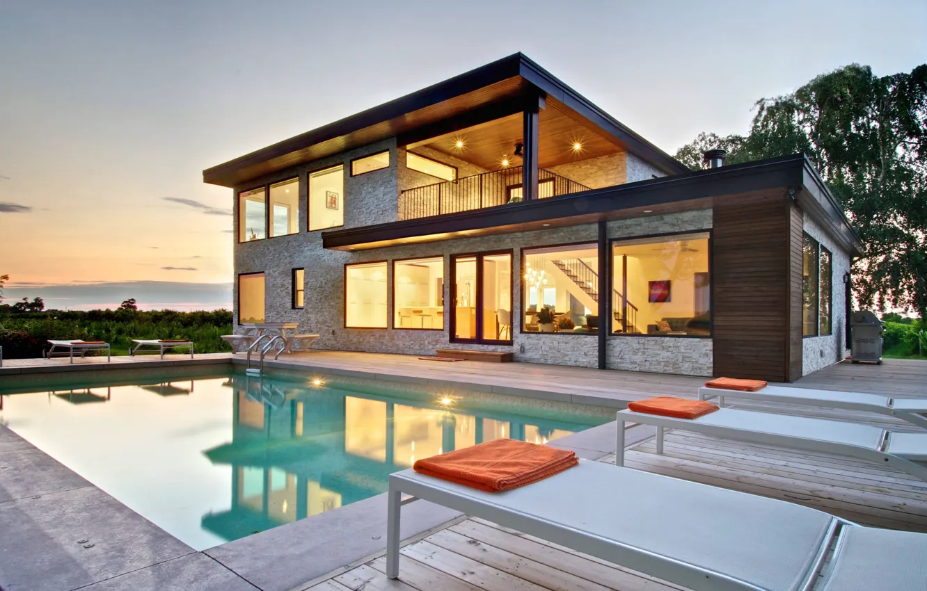 Photo wallpaper Villa, the evening, pool, lighting, architecture, terrace, villa, reconstruction