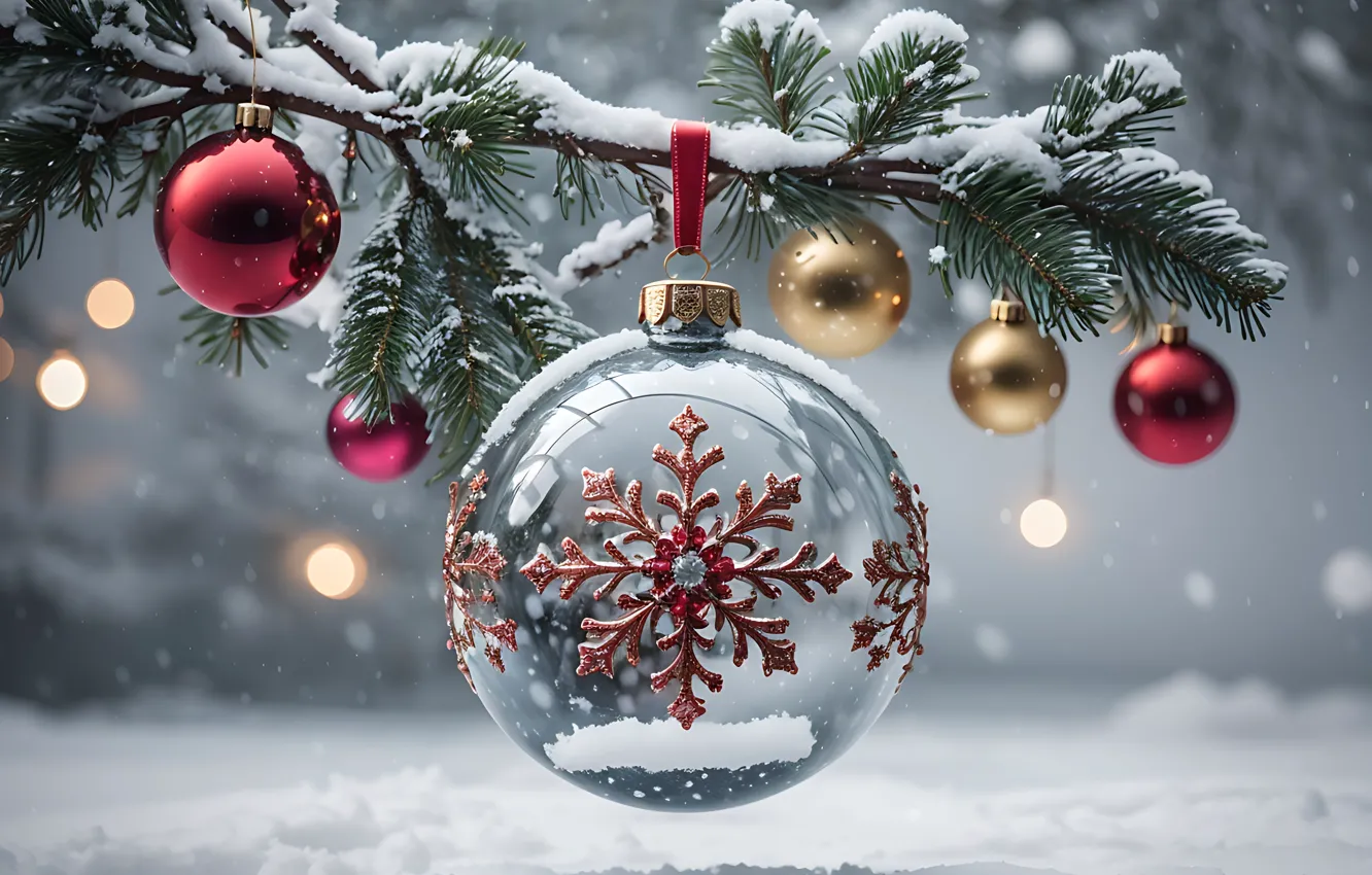 Photo wallpaper winter, snow, decoration, balls, new year, Christmas, glass, Christmas