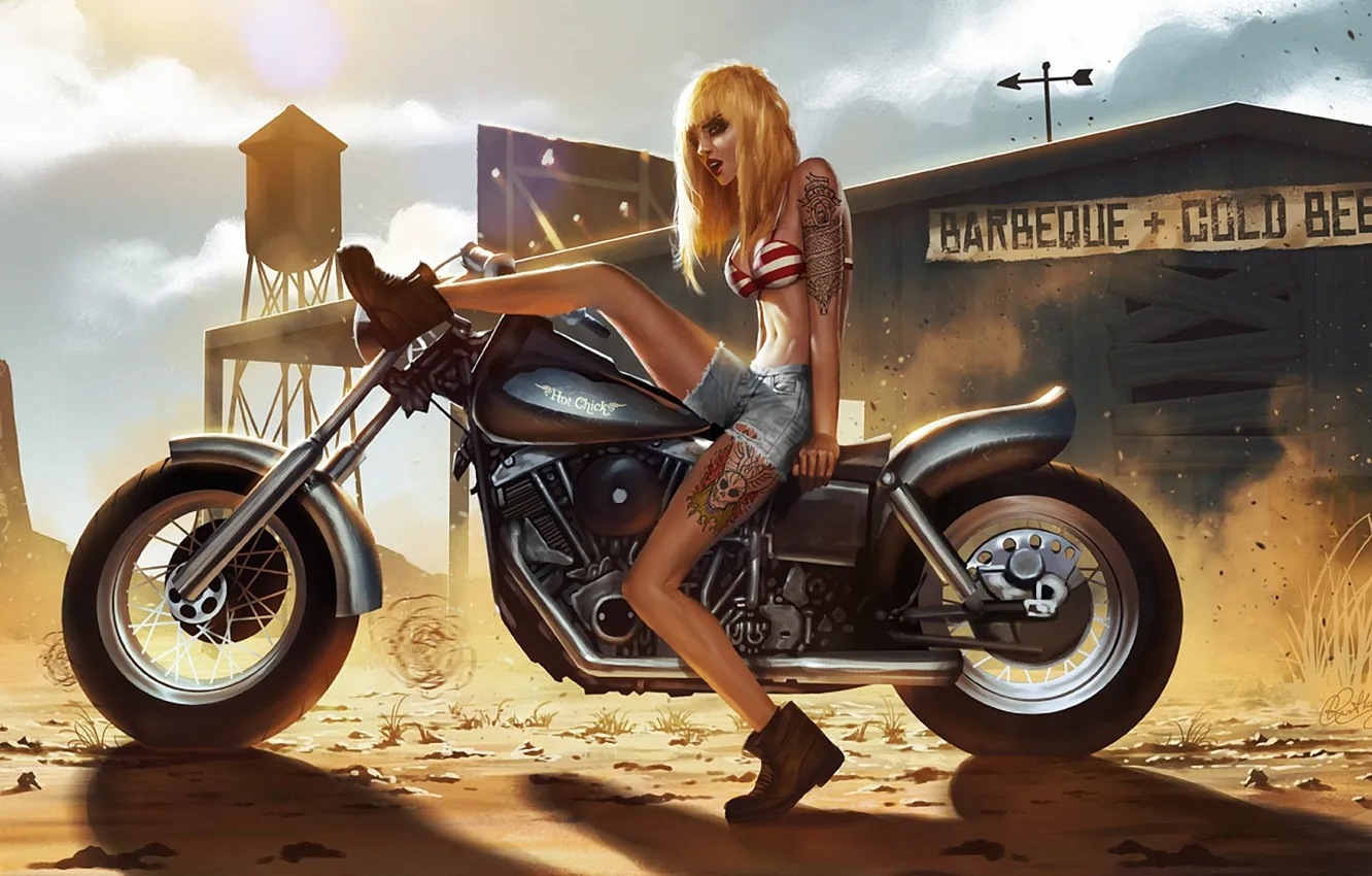 Photo wallpaper sand, girl, the sun, shorts, dust, tattoo, art, motorcycle