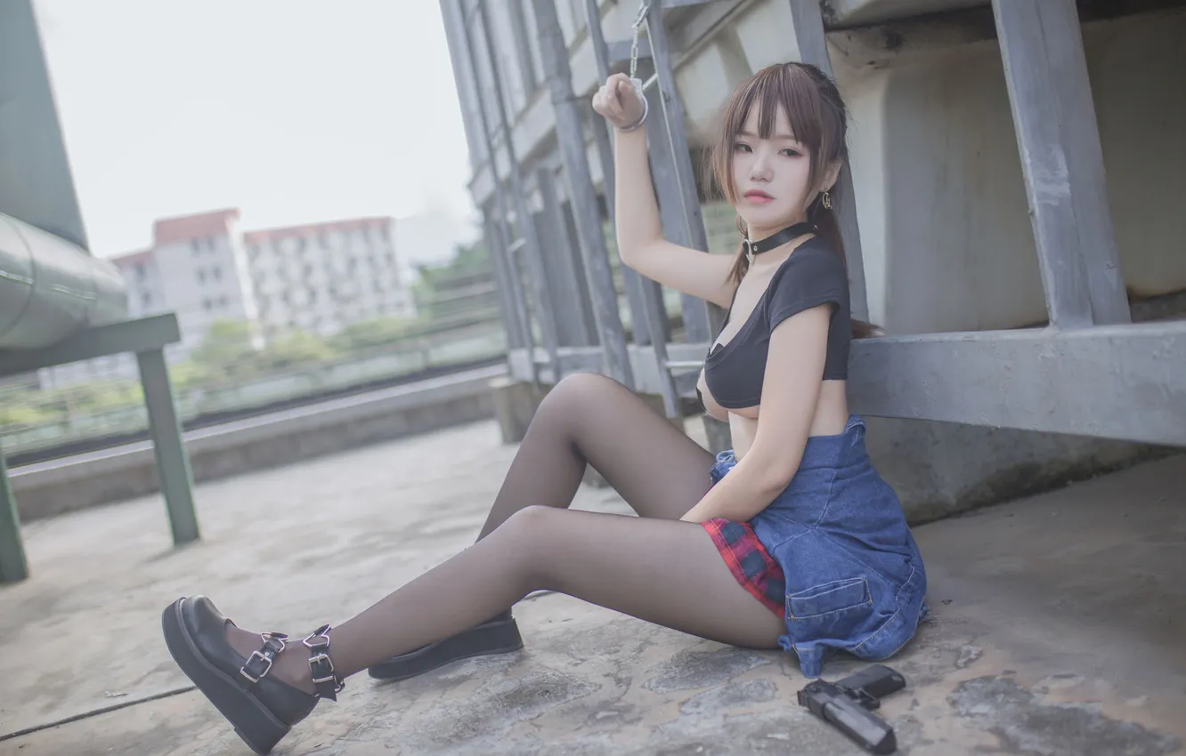 Photo wallpaper legs, Asian, cutie, asian, sitting, cutie, asian girls, dark tights