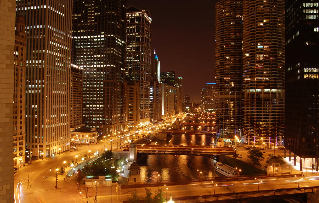 Photo wallpaper night, bridge, lights, river, skyscrapers, Chicago, Chicago