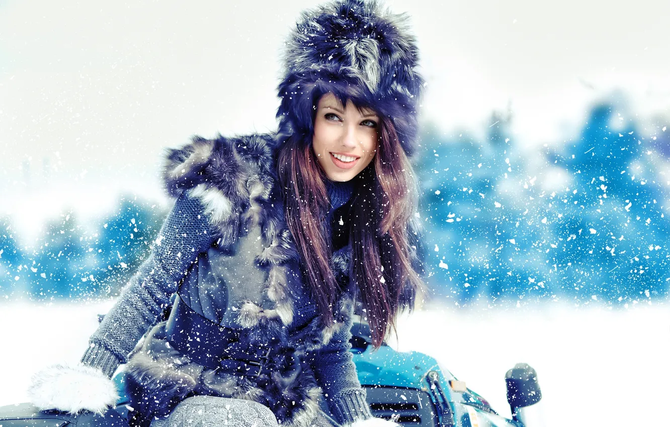 Photo wallpaper look, girl, snow, smile, fur, brown hair