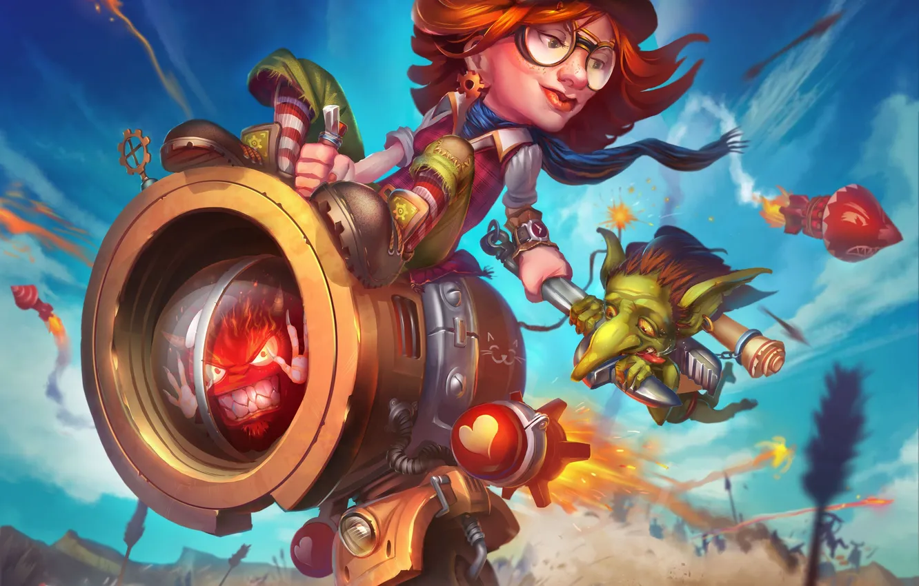 Photo wallpaper girl, mechanism, chicken, being, rocket, art, arrows, dwarf