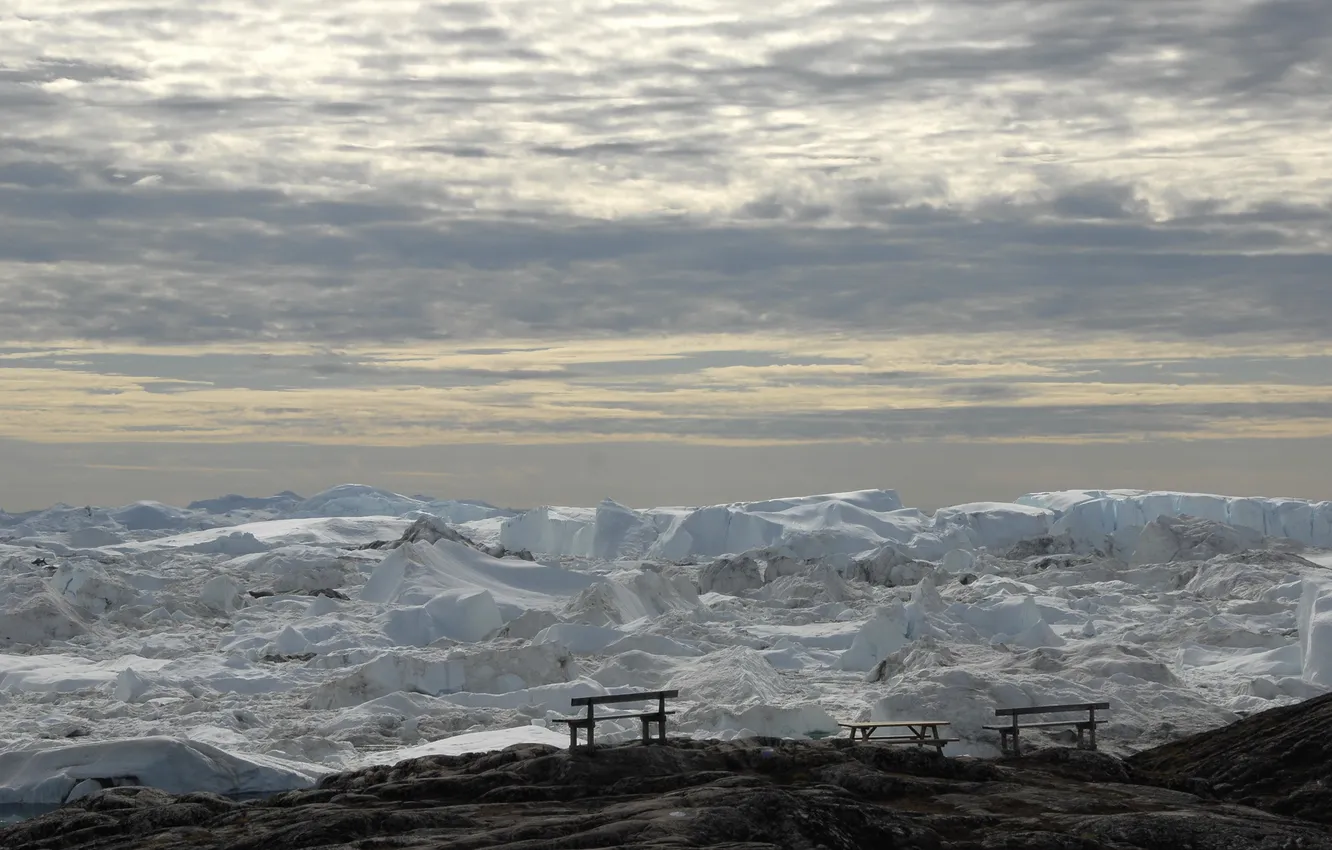 Photo wallpaper ice, winter, landscape, bench, nature, North