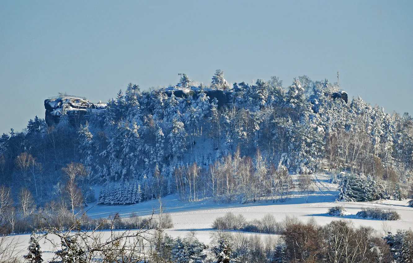 Photo wallpaper winter, the sky, snow, trees, rock, mountain