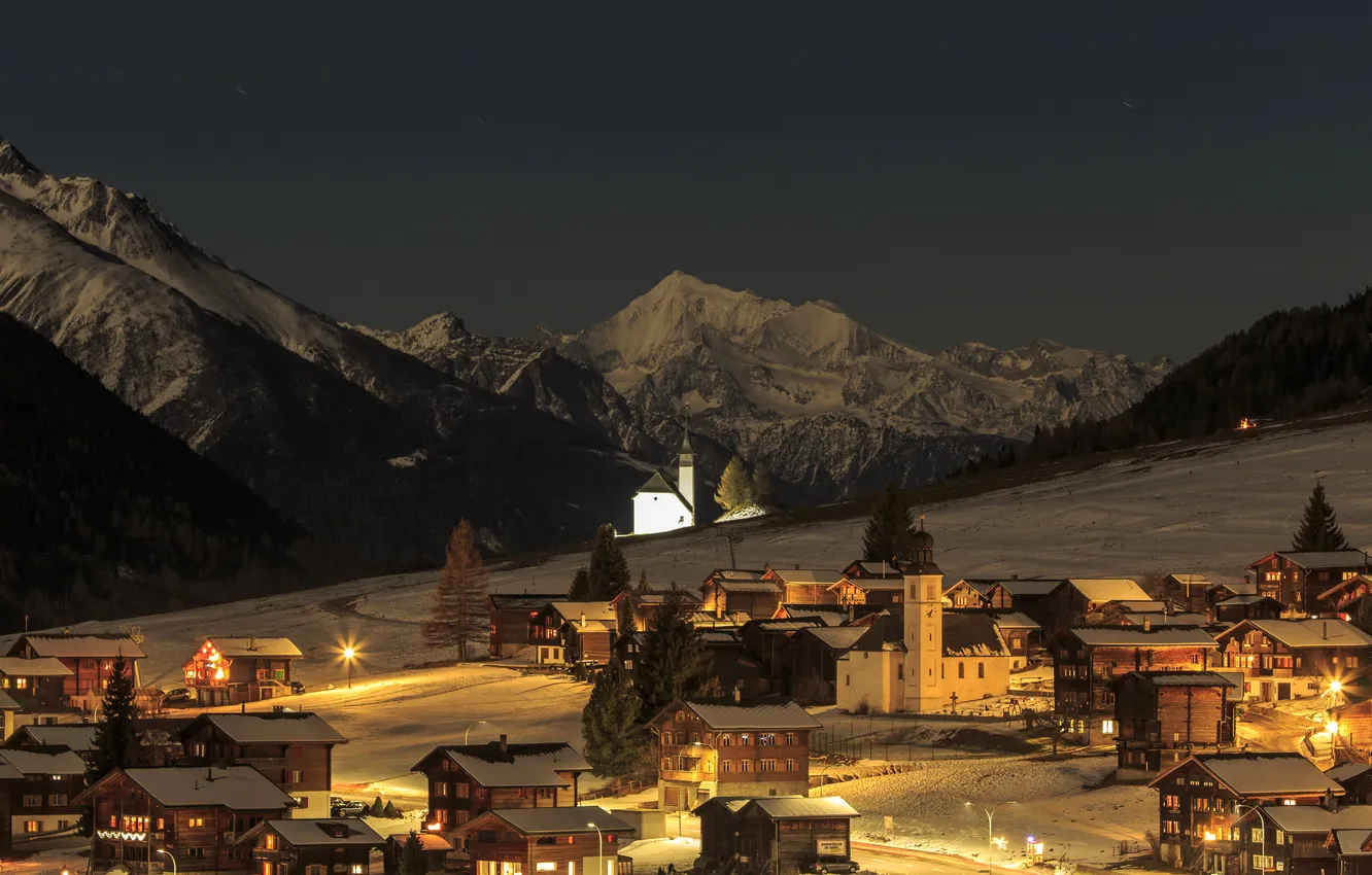Photo wallpaper winter, snow, mountains, night, lights, home, Switzerland, slope