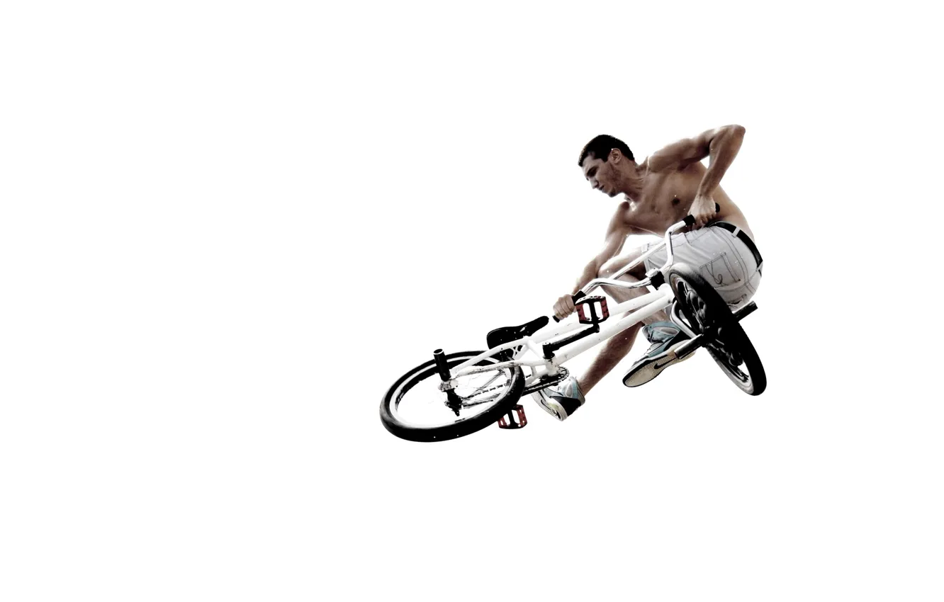 Photo wallpaper white, flight, bike, background, jump, male