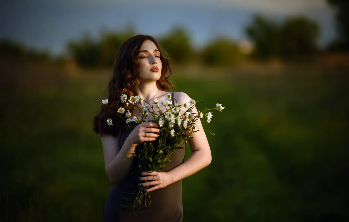 Photo wallpaper girl, portrait, chamomile