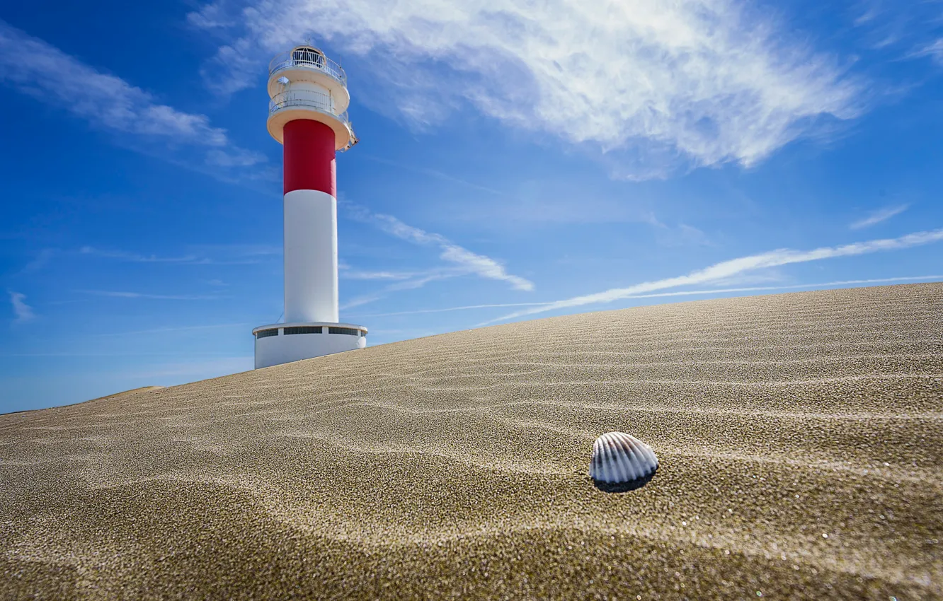 Photo wallpaper sand, the sky, lighthouse, shell, Spain, Spain, Deltebre, Fangar Lighthouse