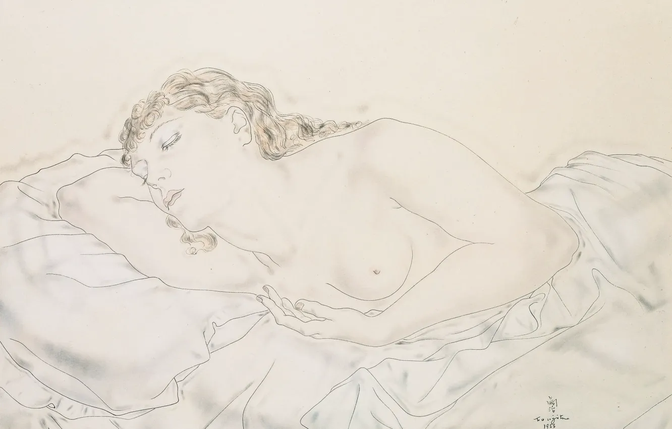 Photo wallpaper watercolor, Tsuguharu, Fujita, Reclining Nude, (Madeleine), ink and Lavis on paper