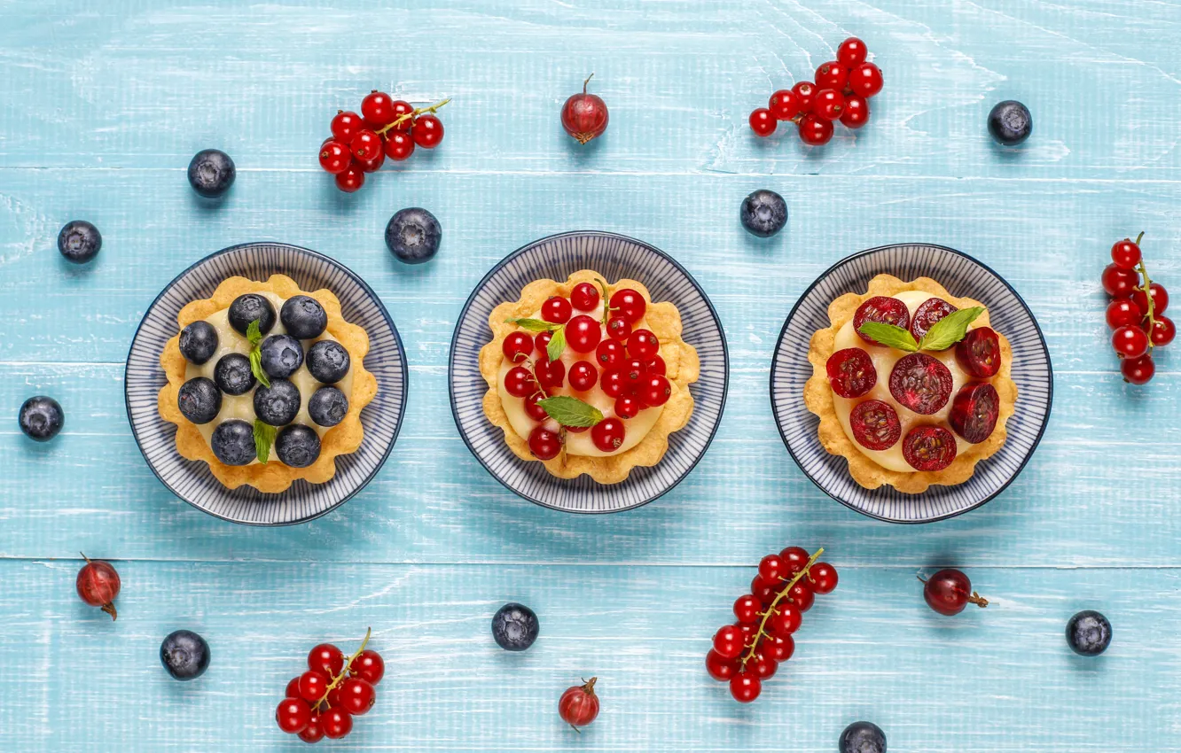 Photo wallpaper red, cherry, berries, Board, blueberries, cake, bowl, placer