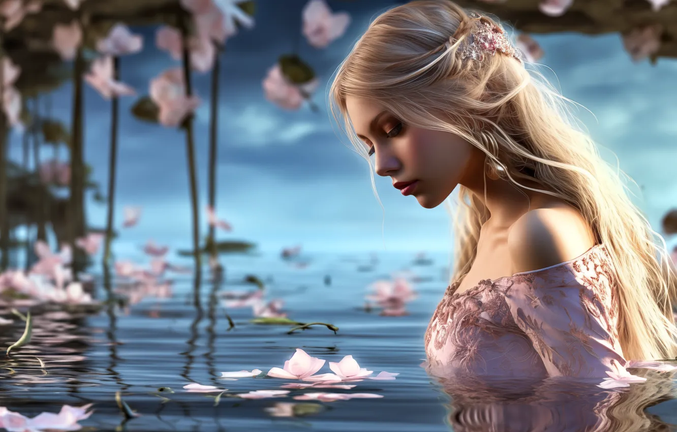 Photo wallpaper look, water, girl, flowers, nature, pond, stems, makeup