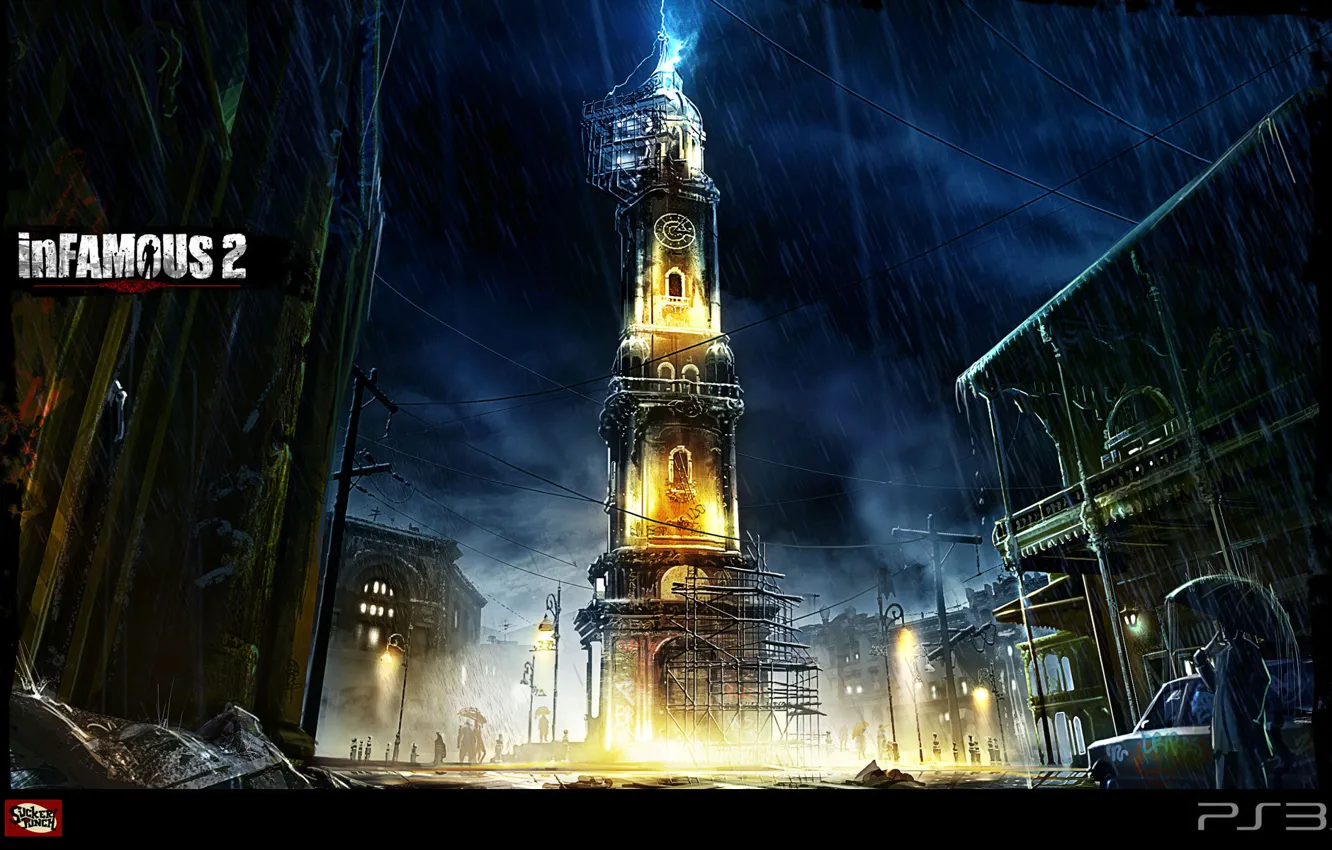 Photo wallpaper rain, lightning, watch, tower, infamous 2