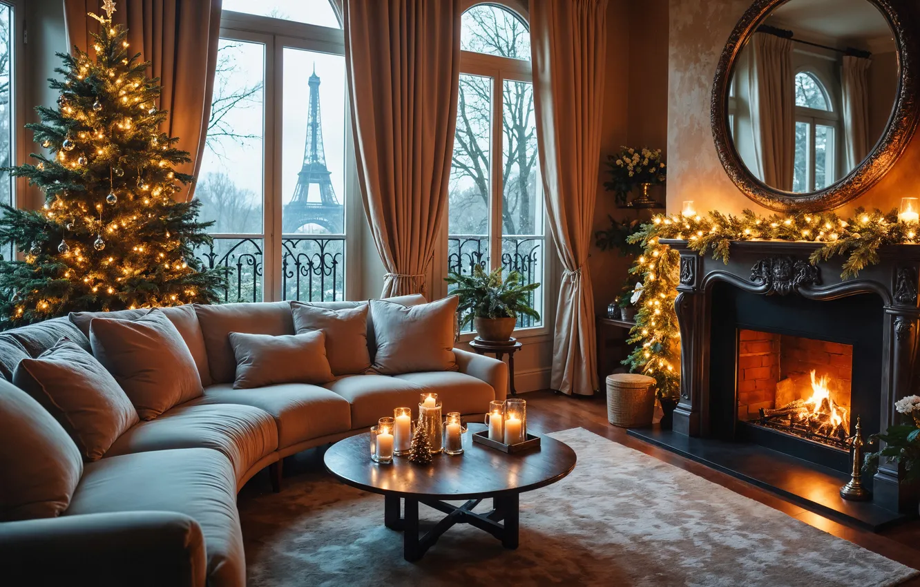 Photo wallpaper room, Paris, tree, new year, interior, Christmas, Eiffel tower, fireplace