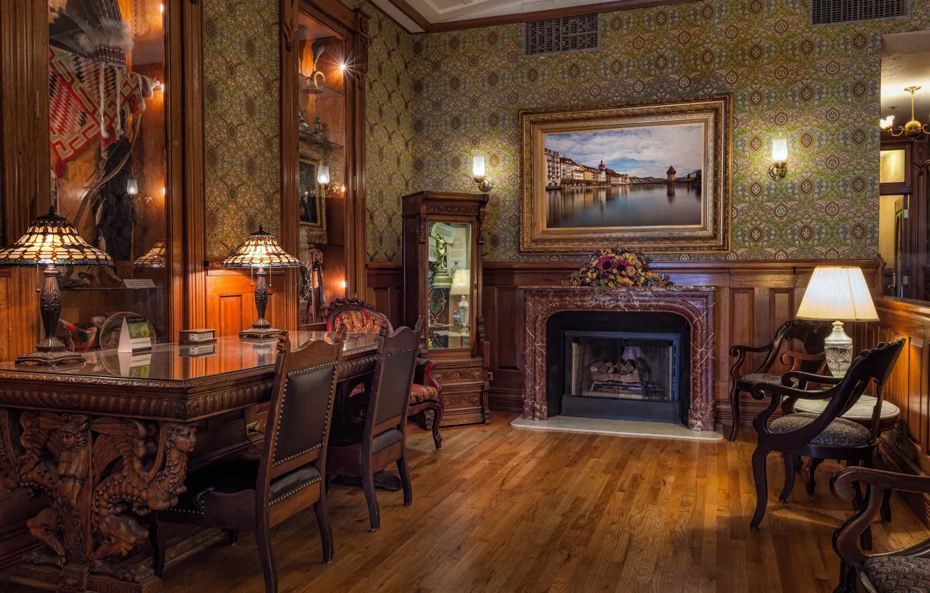 Photo wallpaper table, room, furniture, chair, fireplace