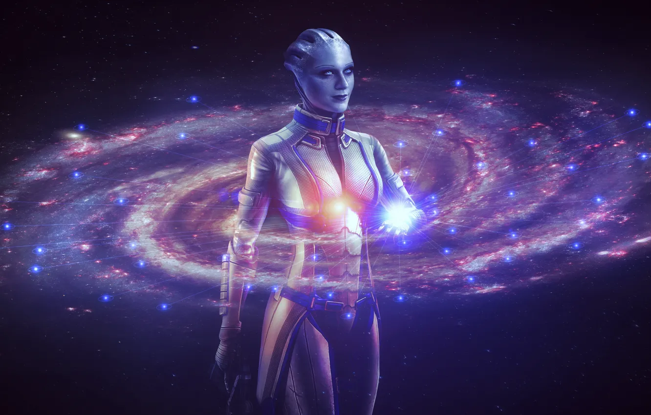 Photo wallpaper girl, space, stars, galaxy, the milky way, mass effect, characters, hologram