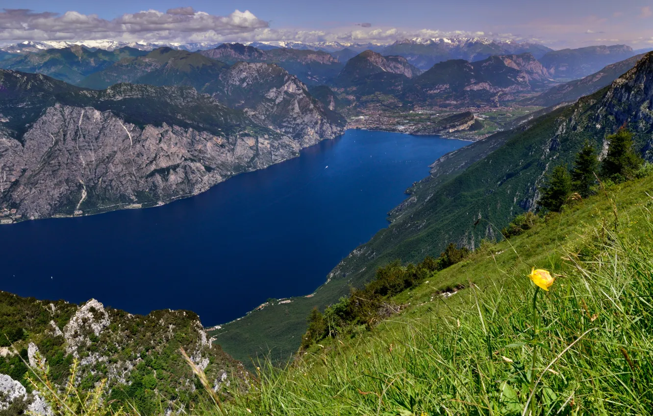 Photo wallpaper the sky, grass, clouds, trees, landscape, flowers, mountains, lake