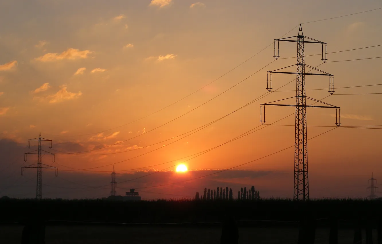 Photo wallpaper the sky, the sun, clouds, landscape, sunset, nature, wire, horizon