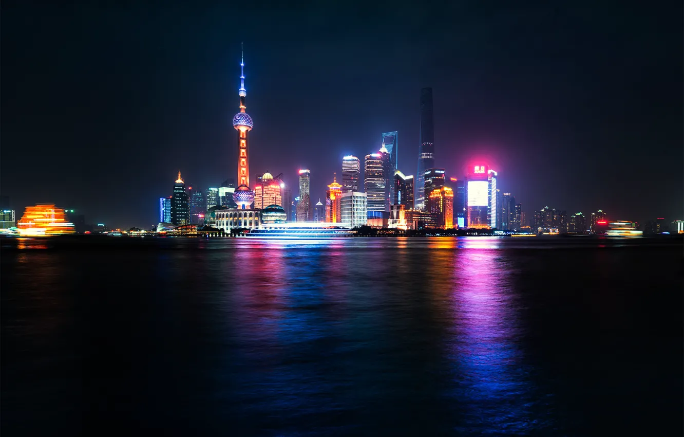 Photo wallpaper night, reflection, river, China, Shanghai, Oriental Pearl Tower, Shanghai Tower, Shanghai World Financial Center
