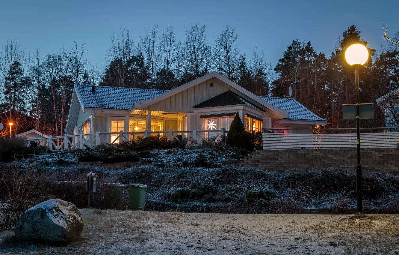 Photo wallpaper winter, trees, lights, home, the evening, lights, Sweden