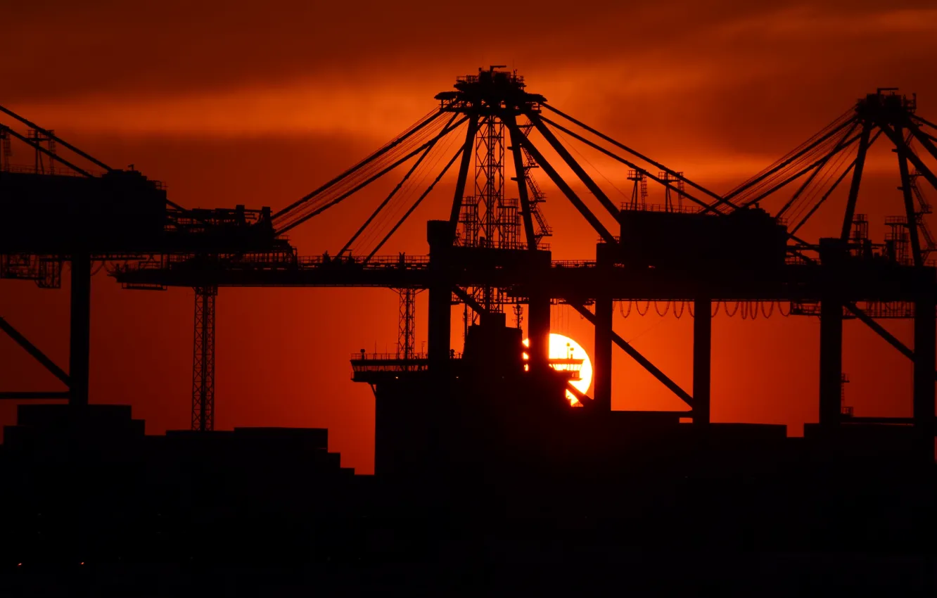 Photo wallpaper Sunset, The sun, Port, Dawn, Silhouette, Crane, The ship, Cranes