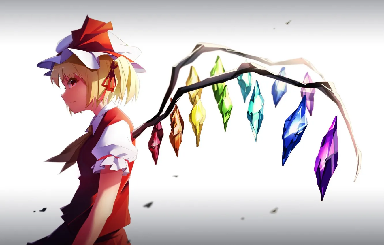 Photo wallpaper wings, crystals, grey background, cap, in profile, vampire, Touhou Project, Flandre Scarlet