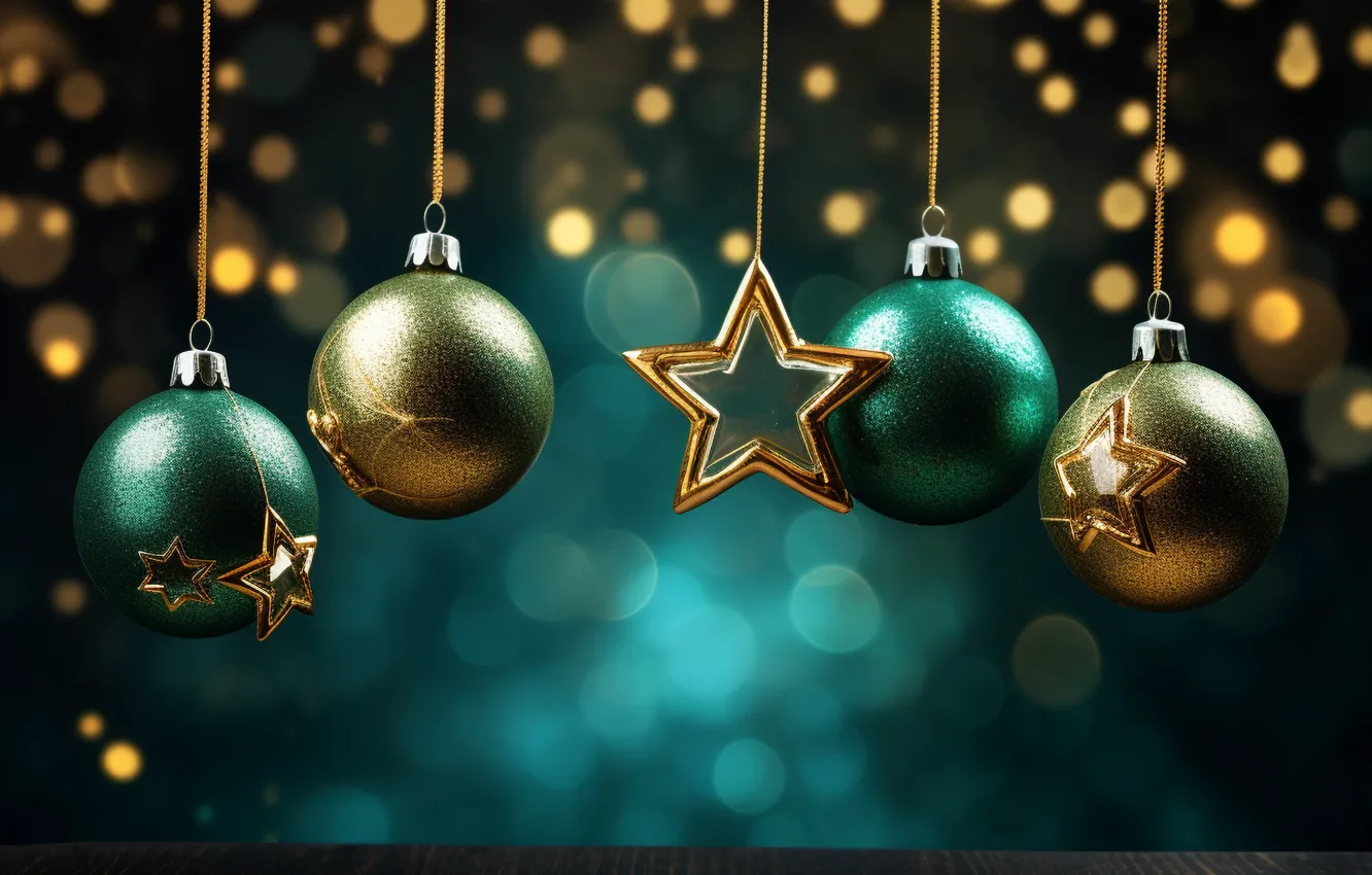 Photo wallpaper decoration, the dark background, gold, green, balls, New Year, Christmas, golden