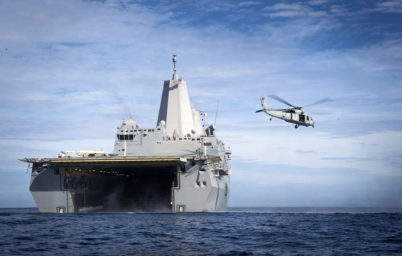 Photo wallpaper ocean, helicopter, flag, San Antonio, powerful, navy, american navy, amphibious