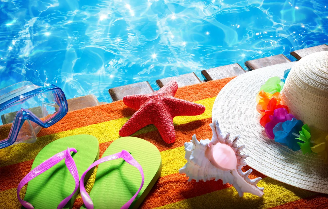 Photo wallpaper beach, summer, stars, vacation, hat, summer, pool, beach