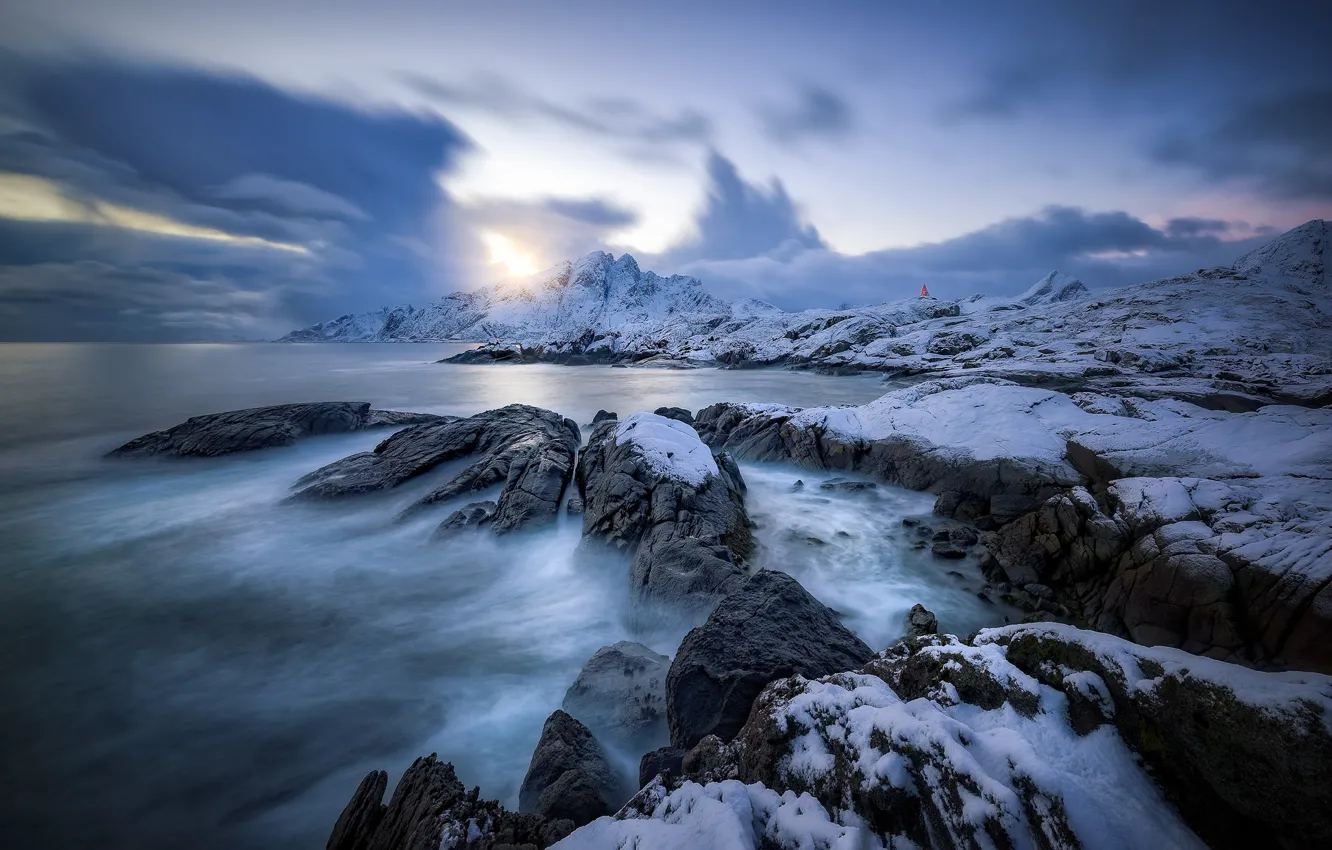 Photo wallpaper winter, sea, coast, Norway, Norway, Lofoten, Nordland, Vester Nesland
