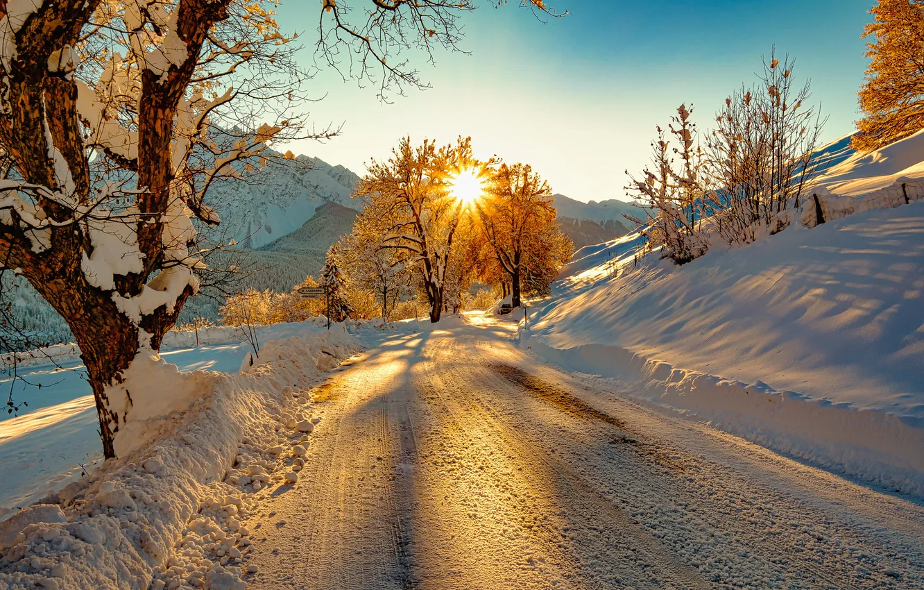 Photo wallpaper winter, road, the sky, the sun, rays, light, snow, trees