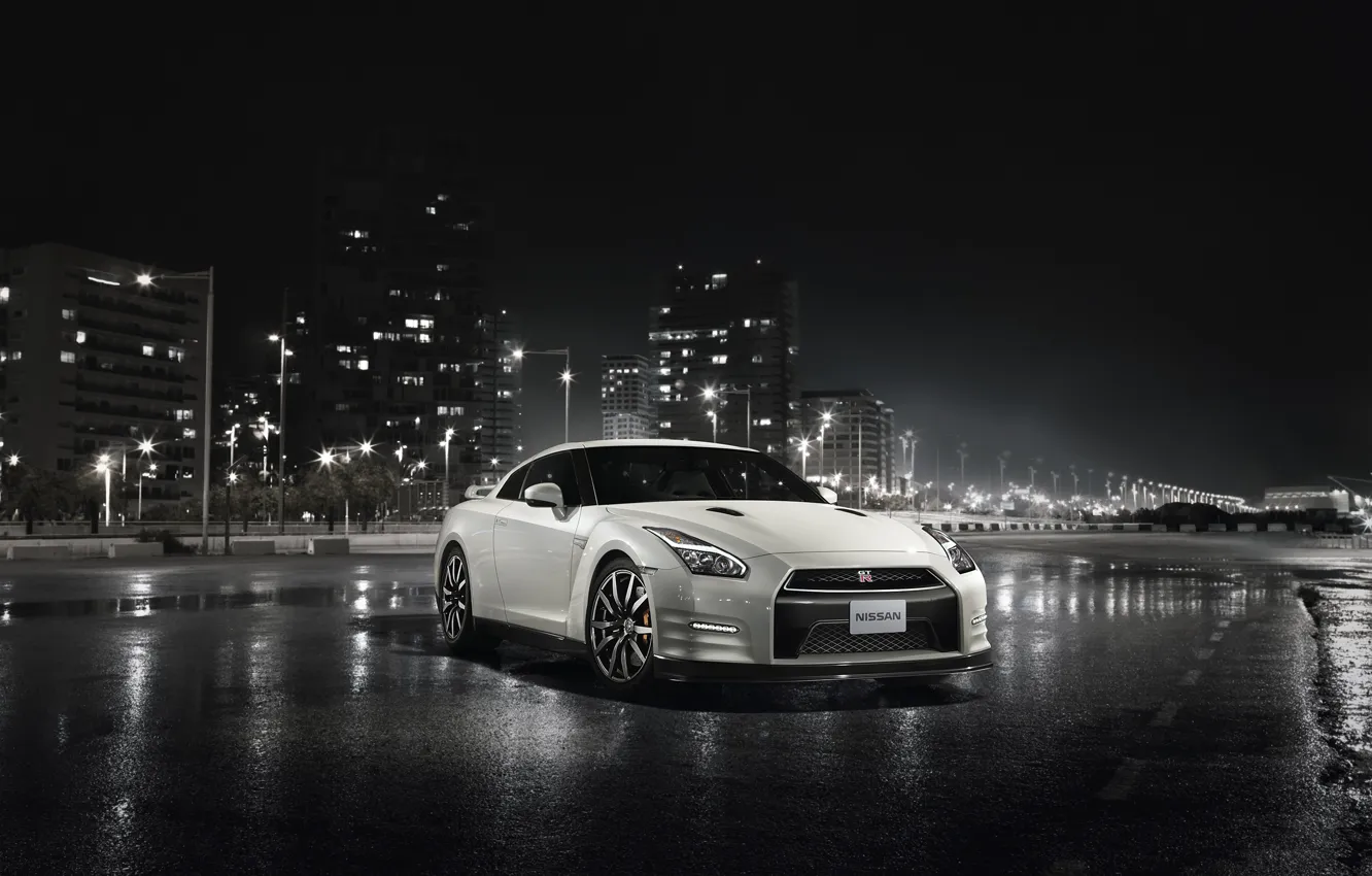 Photo wallpaper night, the city, Nissan, GT-R, skyscrapers, R35