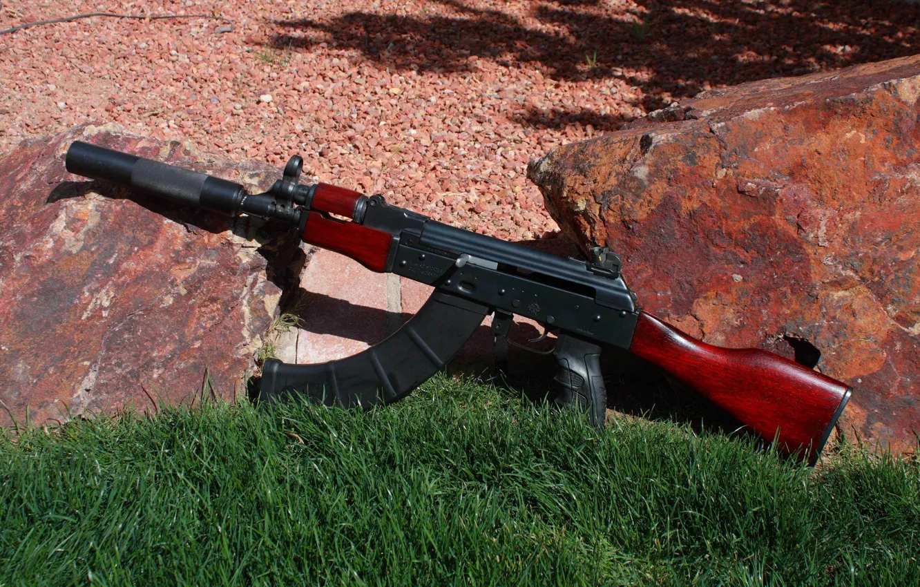 Photo wallpaper grass, stones, weapons, machine, Kalashnikov, AK-74