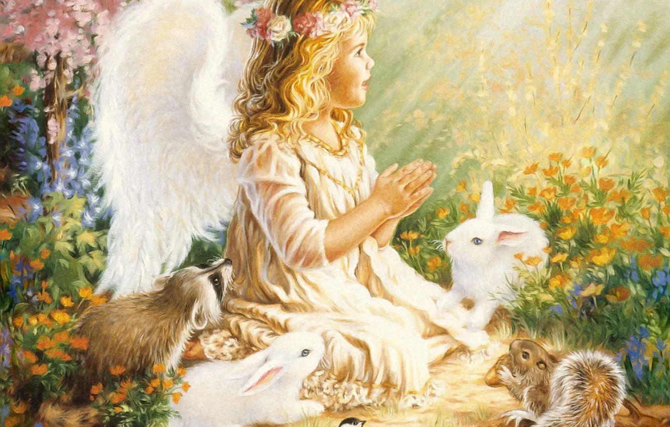 Photo wallpaper birds, angel, girl, raccoon, rabbits, girl, wings, wreath