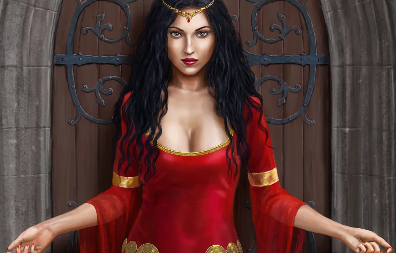 Photo wallpaper girl, castle, hands, dress, the door, art, in red, Harbinger Chronicles