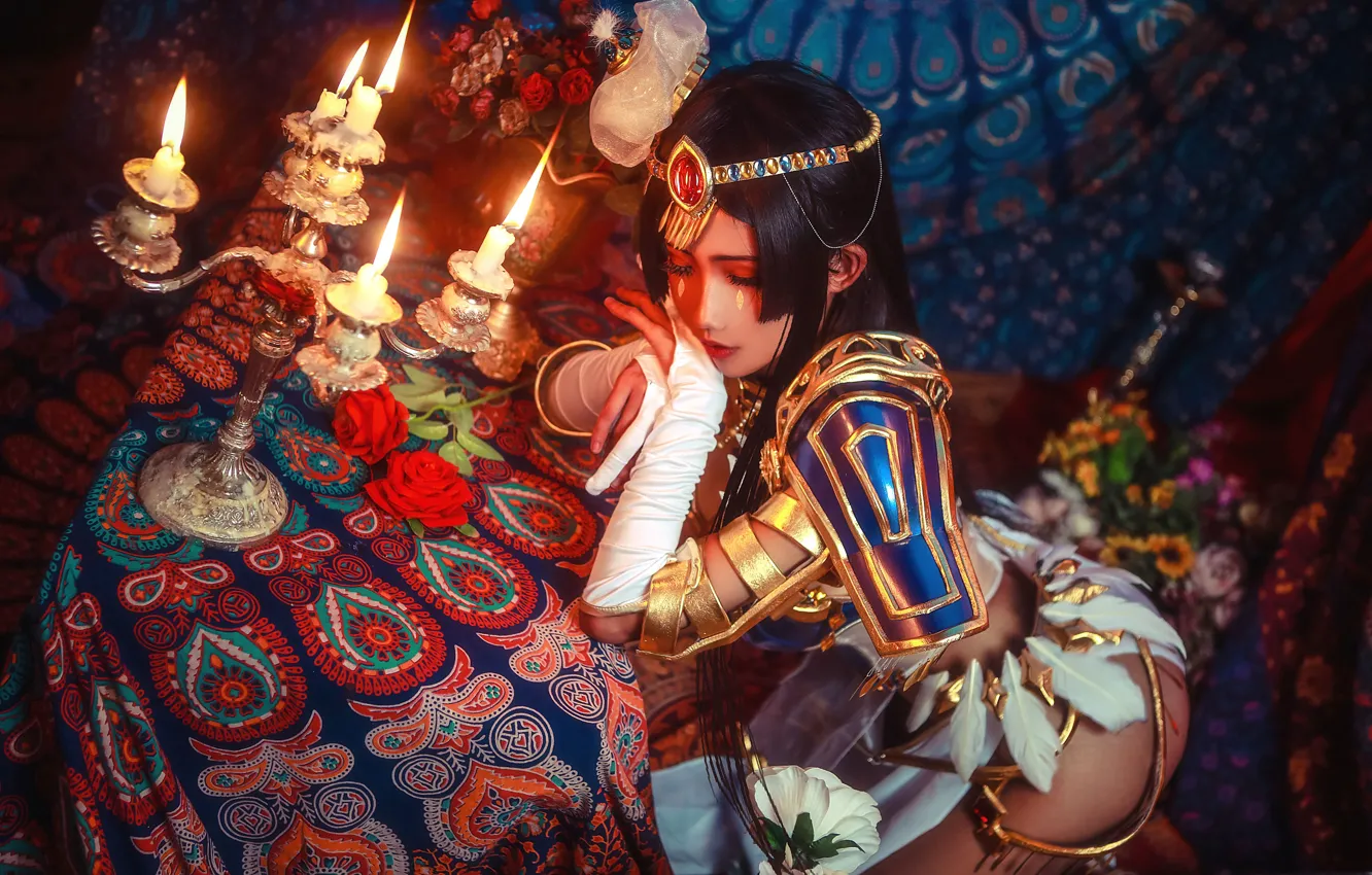 Photo wallpaper flowers, candles, brunette, Asian, ornament, flowers, cosplay, cosplay