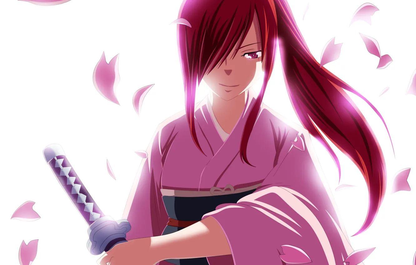 Photo wallpaper look, girl, smile, weapons, petals, white background, art, fairy tail