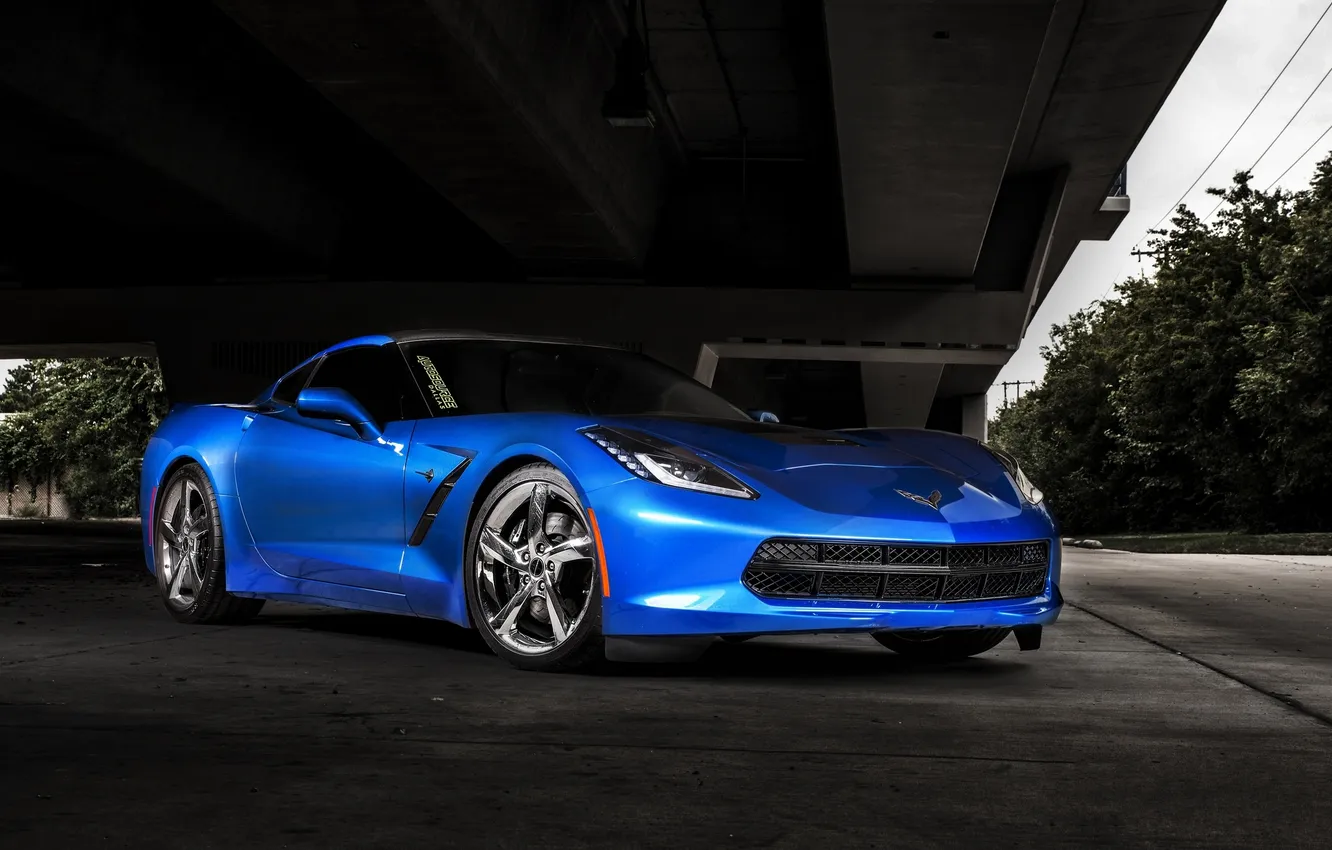 Photo wallpaper blue, bridge, Chevrolet, support, corvette, blue, Corvette, chevrole